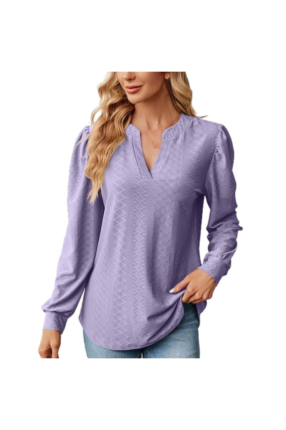 Womens T Shirt Autumn and Winter Solid Color V Neck Jacquard Long Sleeved Loose T Shirt Top Ladies Tall Womens Clothing(Purple,L)