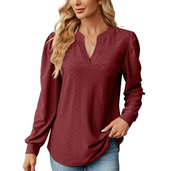 JYLPZYR Womens T Shirt Autumn and Winter Solid Color V Neck Jacquard Long Sleeved Loose T Shirt Top Ladies Tall Womens Clothing(Red2,L)