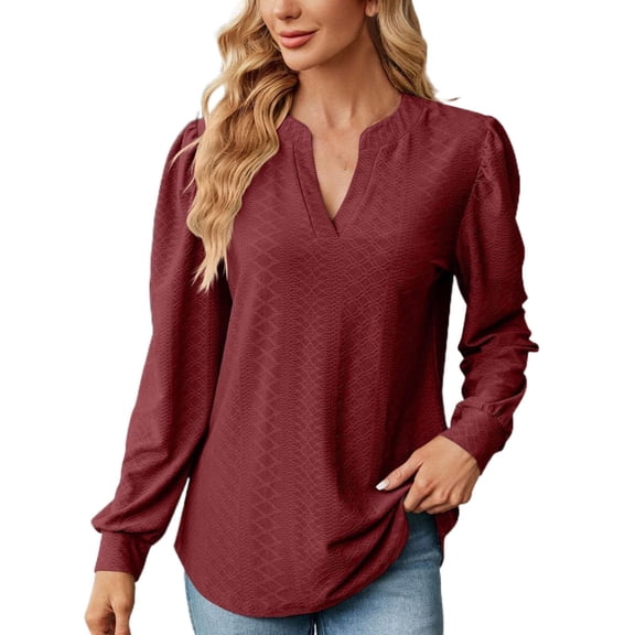 JYLPZYR Womens T Shirt Autumn and Winter Solid Color V Neck Jacquard Long Sleeved Loose T Shirt Top Ladies Tall Womens Clothing(Red2,S)