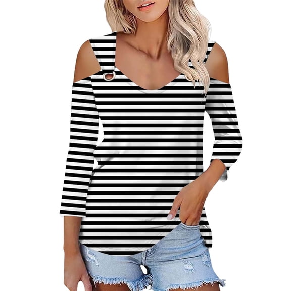 JYLPZYR Womens T Shirt Women's Tops V Neck 3/4 Sleeve Shirts Casual Blouses Cold Shoulder Tops Basic Tees Floral Print Tshirts (Black,S)