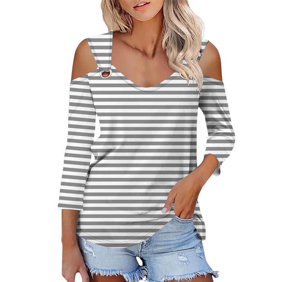 JYLPZYR Womens T Shirt Women's Tops V Neck 3/4 Sleeve Shirts Casual Blouses Cold Shoulder Tops Basic Tees Floral Print Tshirts (Gray,M)