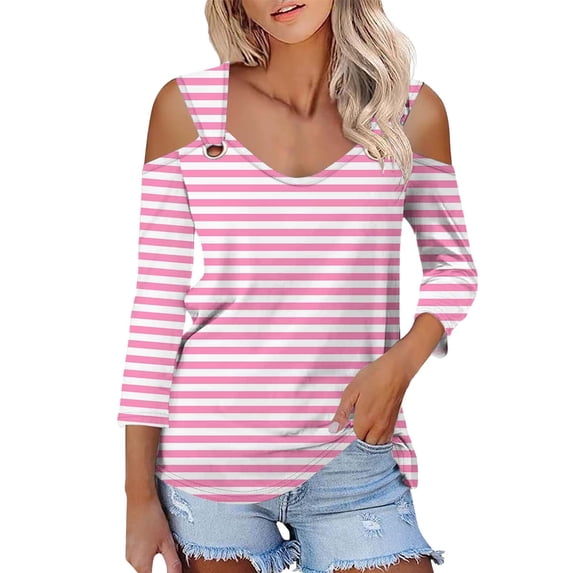 JYLPZYR Womens T Shirt Women's Tops V Neck 3/4 Sleeve Shirts Casual Blouses Cold Shoulder Tops Basic Tees Floral Print Tshirts (Pink,XL)
