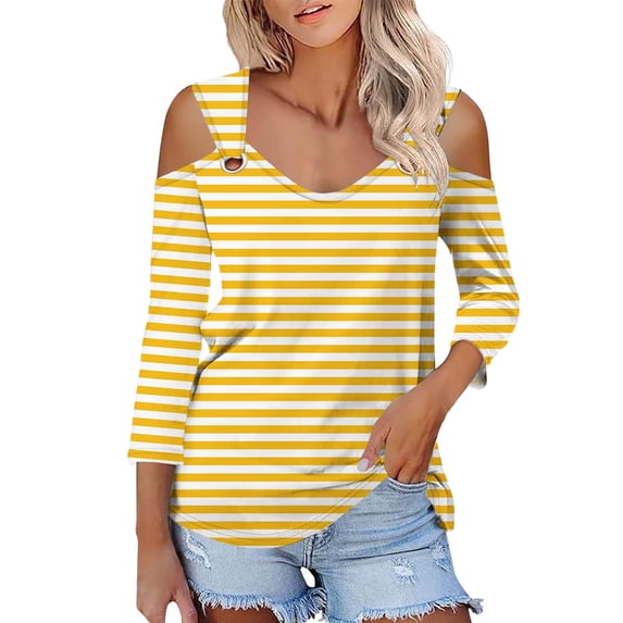 JYLPZYR Womens T Shirt Women's Tops V Neck 3/4 Sleeve Shirts Casual Blouses Cold Shoulder Tops Basic Tees Floral Print Tshirts (Yellow,M)