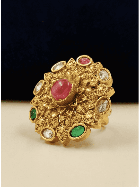 Antique Gold Adjustable Multi-Tier Cocktail Ring with Green & Red Accents for Women 1 Count Per Pack