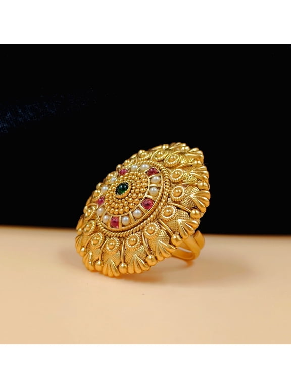 Cocktail Ring Emerald Green, Ruby Red, White, Crystals Indian Antique Style Ring, Gold-Plated, 1 Count Per Pack