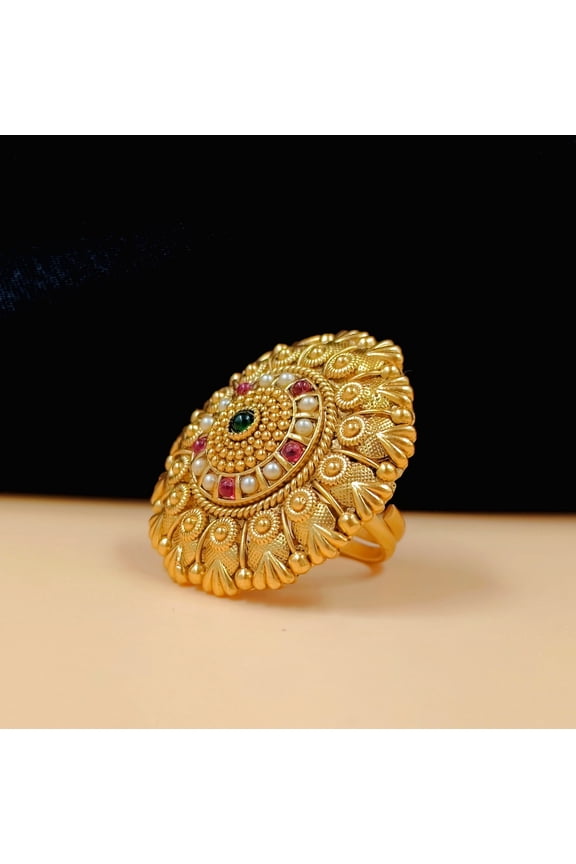 Cocktail Ring Emerald Green, Ruby Red, White, Crystals Indian Antique Style Ring, Gold-Plated, 1 Count Per Pack