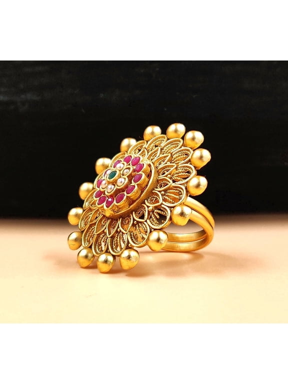 Traditional Gold-Plated Filigree Adjustable Antique Cocktail Ring for Women - Statement Jewelry with Simulated Ruby & Pearl