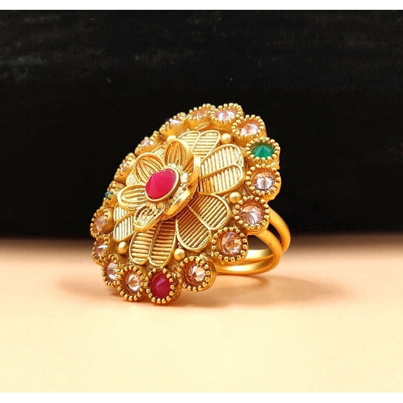 JYONA Gold-Plated Traditional Multi-Color Floral Statement Ring for Women - Adjustable Antique Finish Temple Jewelry with Simulated Ruby, Emerald, and CZ Accents