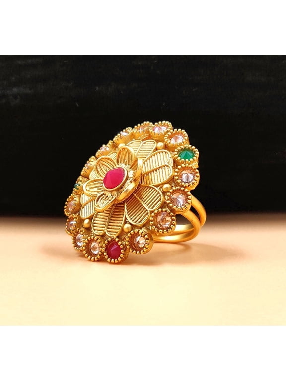 Gold-Plated Traditional Multi-Color Floral Statement Ring for Women - Adjustable Antique Finish Temple Jewelry with Simulated Ruby, Emerald, and CZ Accents