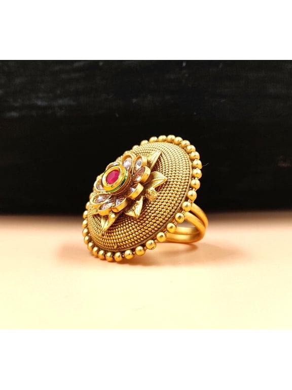 Gold-Tone Antique Shield Cocktail Ring for Women - Adjustable Traditional Domed Medallion Band with Clear Faux Kundan Petals and Crimson Core