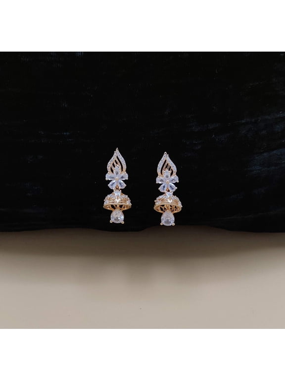 Rose Gold Plated Cubic Zirconia Open Circle Ear Climber Earrings, Marquise Crystal Crescent Crawler Cuff with Princess Cut Drop Accent