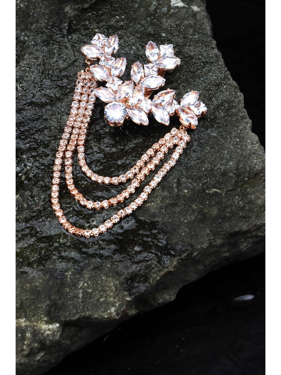 Marquise Floral Cluster White, Cubic Zirconia Tiered Rhinestone Chains Brooch, Rose Gold-Plated, 1 Count