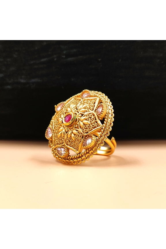 Women's Antique Gold-Plated Domed Star-Hexagon Cocktail Ring, Vintage Filigree Textured Statement Ring with Ruby Red Center and Clear Teardrop Crystal Border, Adjustable Shank