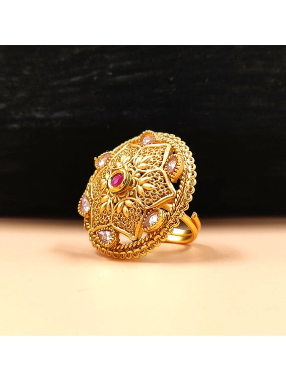 Women's Antique Gold-Plated Domed Star-Hexagon Cocktail Ring, Vintage Filigree Textured Statement Ring with Ruby Red Center and Clear Teardrop Crystal Border, Adjustable Shank