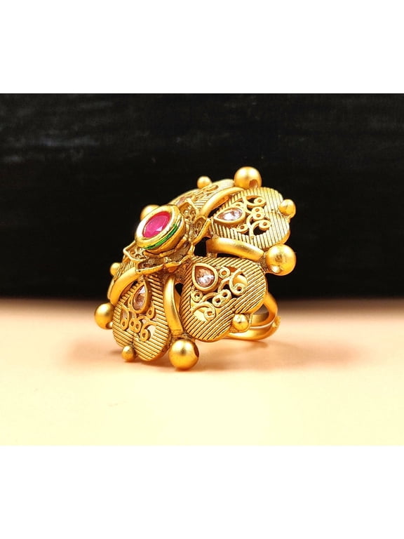 Women's Antique Gold-Plated Traditional Flower Statement Ring with Ruby and White CZ Accents, Adjustable
