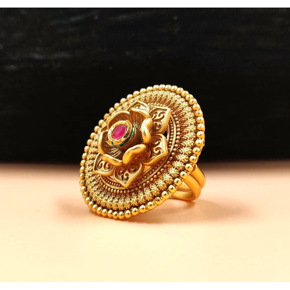 JYONA Terraced Lotus Cocktail Red, Ruby Concentric Textured Beaded Halo Statement, Adjustable Split Band Ring, Gold-Plated, 1