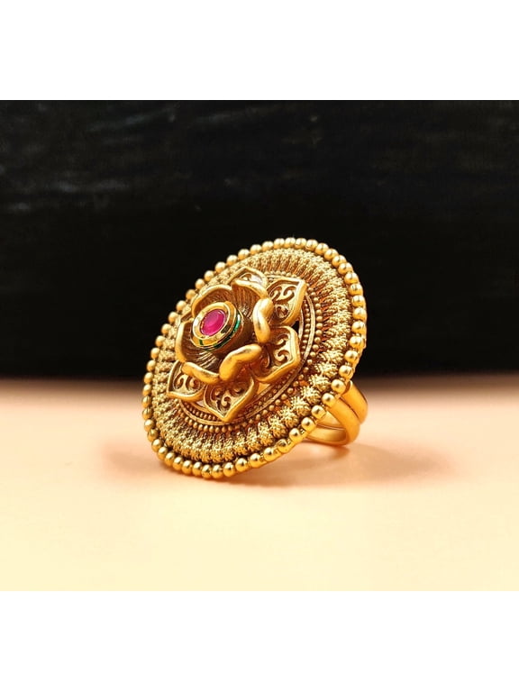 Terraced Lotus Cocktail Red, Ruby Concentric Textured Beaded Halo Statement, Adjustable Split Band Ring, Gold-Plated, 1