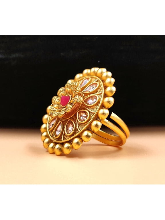 Women's Antique Matte Gold-Plated Terraced Rosette Cocktail Ring, Oval Kundan Flower Medallion Statement Ring with Core Ruby Red Cabochon, Adjustable Split Shank