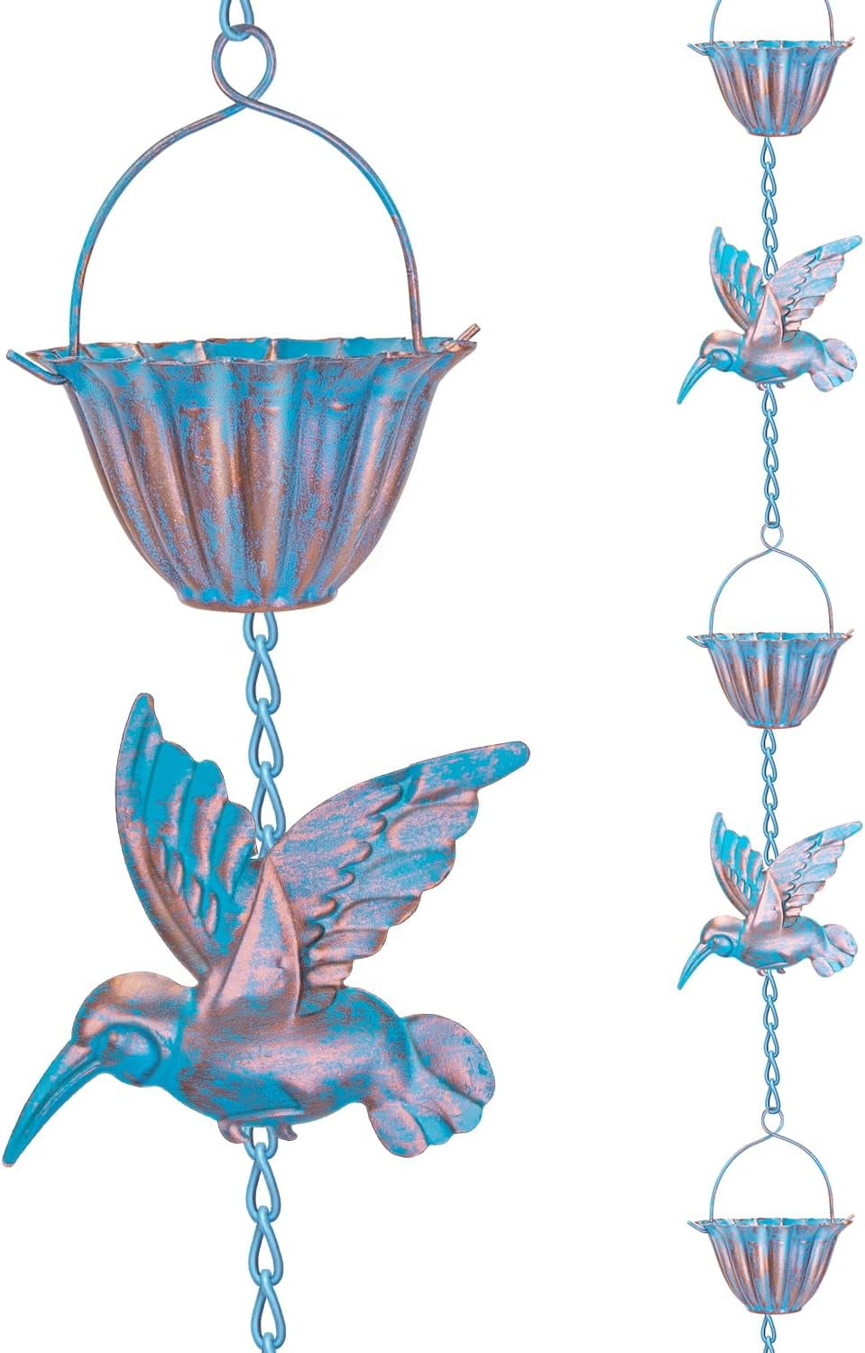 Antique Blue Metal Hummingbird Rain Chain, 13.1FT