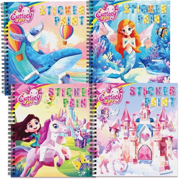 CutteeyFyry 4PCS Paint by Number Sticker Travel Activities Essentials for Girls Kids Boys Ages 4-10 Road Trip & Airplane Toys & Long Car Rides, Birthday Present, Preschool Classroom Party Gifts