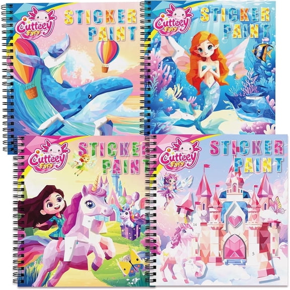 CutteeyFyry 4PCS Paint by Number Sticker Travel Activities Essentials for Girls Kids Boys Ages 4-10 Road Trip & Airplane Toys & Long Car Rides, Birthday Present, Preschool Classroom Party Gifts