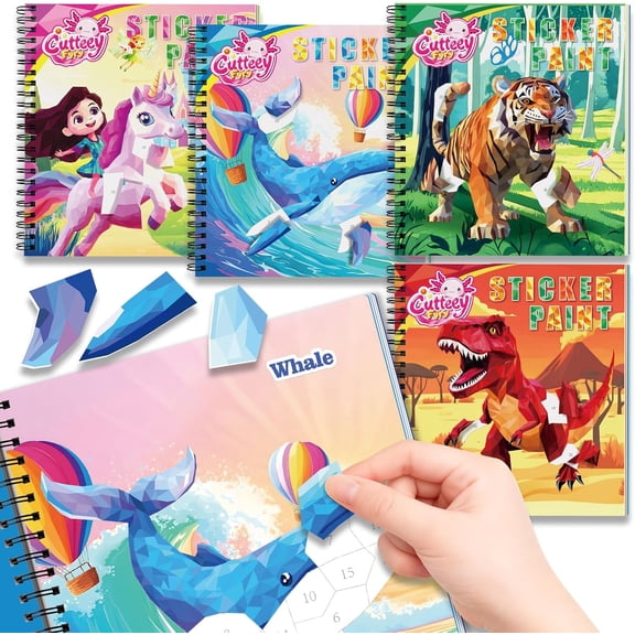4Pcs Paint by Number Sticker for Kids Ages 4-8, Travel Sticker Activity with Stories for Girls, Screen-Free Airplane & Car Toy, Educational Puzzle Easter Craft Gift for Toddlers 3-12
