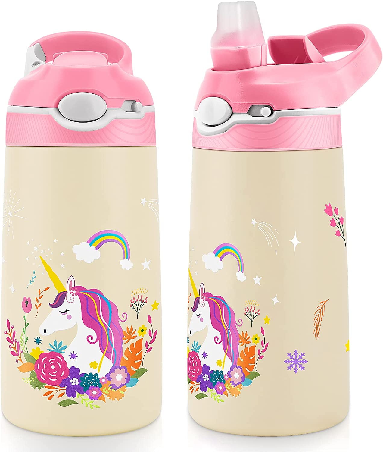  HQAYW Girls Water Bottles for School, 14oz Kids Water Bottle  Stainless Steel, Insulated Water Bottle with Straw Cap Leakproof,  Wide-Mouth BPA Free Tumbler Cups Metal Canteen for Sports, Unicorn: Home 