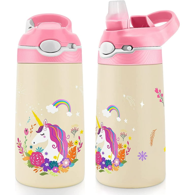 JYPS 400ml Kids Water Bottles with Straw for Girls, Unicorn
