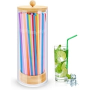 JYPS Acrylic Straw Holder Dispenser for Counter with 100 Colorful Straws - Drinking Straw Dispenser with Bamboo Lid for Standard Straws, Straw Organizer for Kitchen