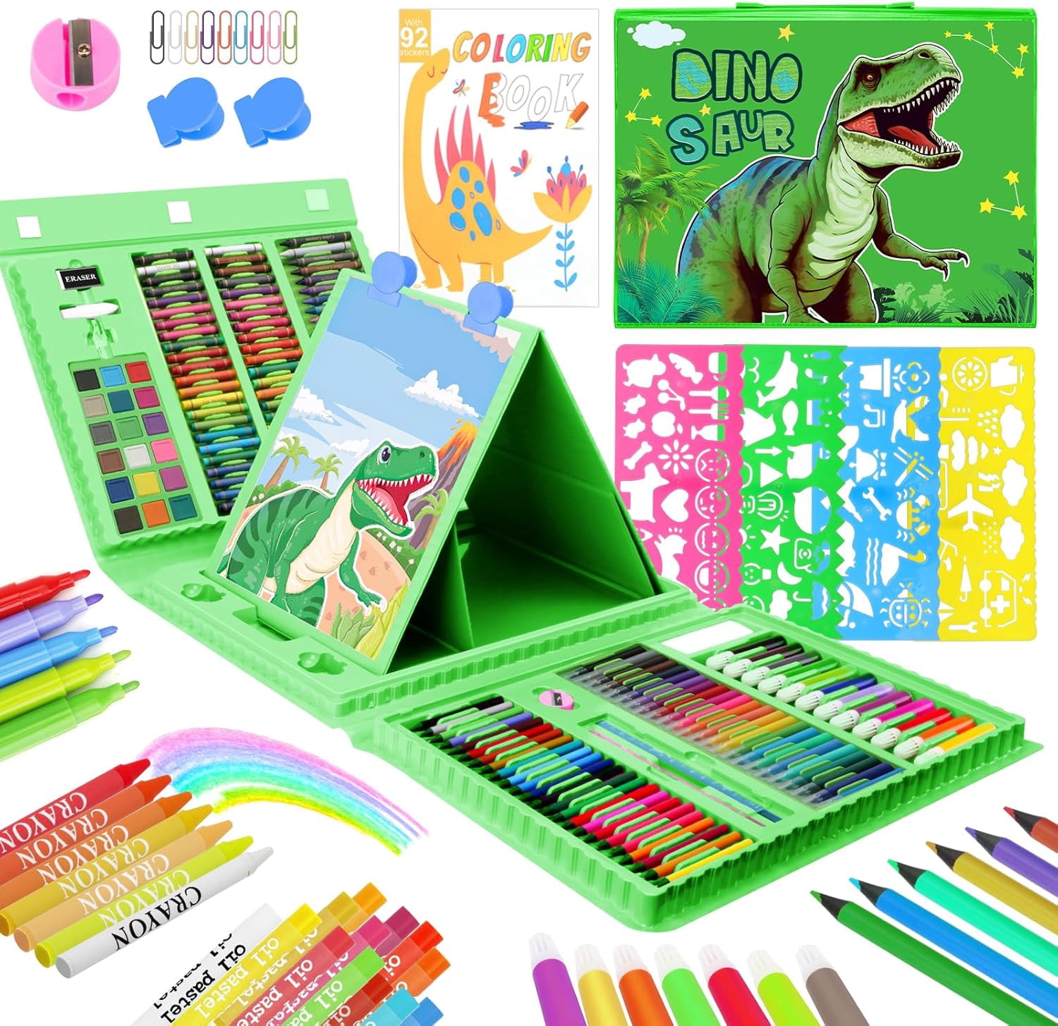 JYPS Art Supplies for Kids Ages 4-12,Dinosaur Drawing Sets Art Case,Coloring Kits with Double Sided Trifold Easel,Crayon,Colored Pencil,Marker,Coloring Book,Drawing Stuffs Gifts for Boys Age 4-6-8
