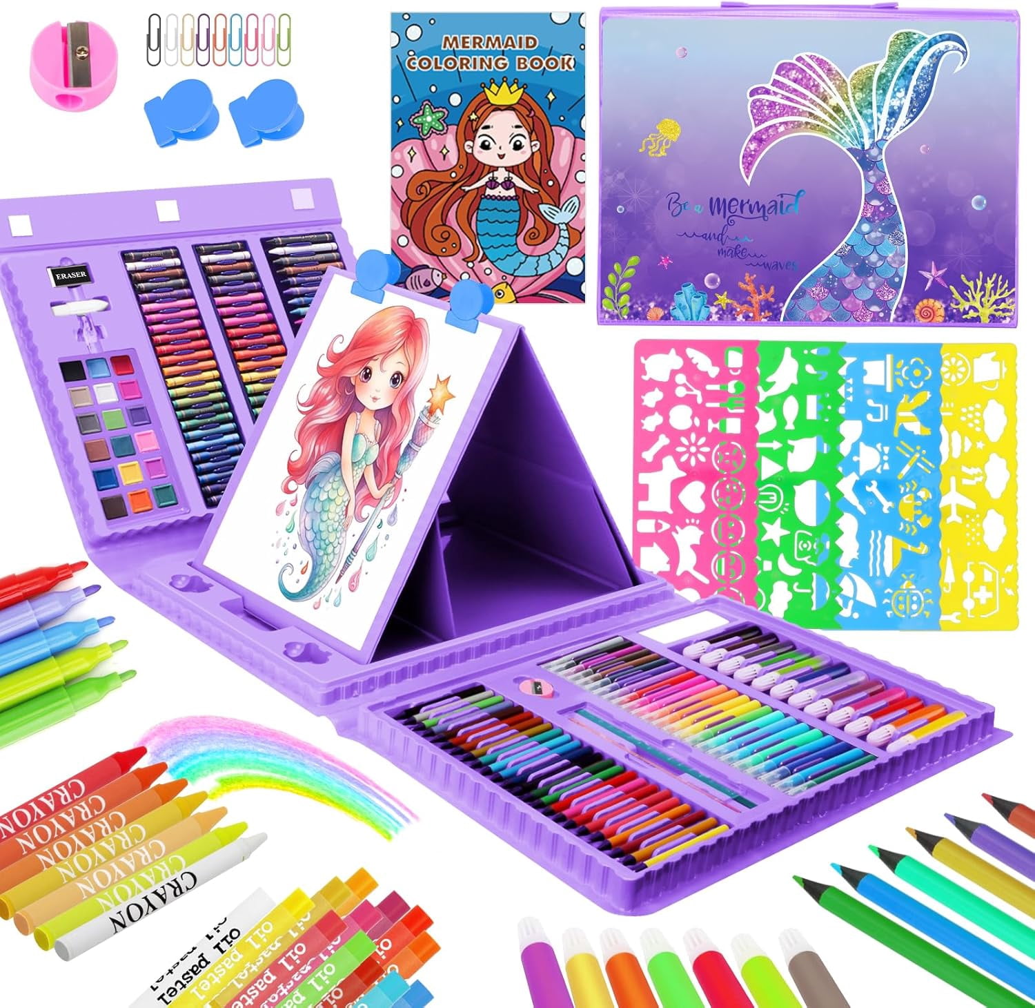 JYPS Art Supplies for Kids Ages 4-12,Mermaid Drawing Sets Art Case,Coloring Kits with Double Sided Trifold Easel,Crayon,Colored Pencil,Marker,Coloring Book,Drawing Gifts for Girls Age 4-6-8