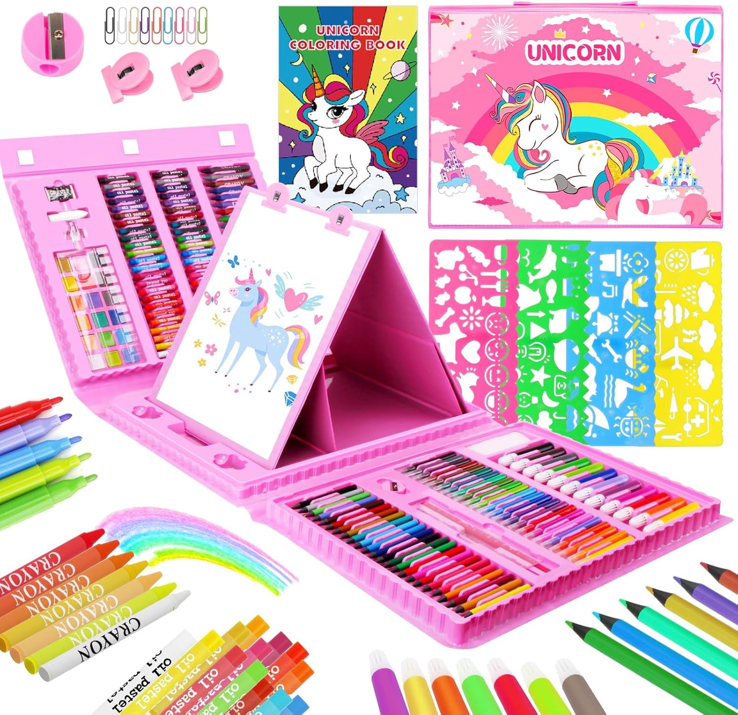 JYPS Art Supplies for Kids,Drawing Kits Unicorn Art Case Coloring Set with Double Sided Trifold Easel,Crayon,Colored Pencil,Marker,Coloring Book,Stencil,Sticker,Drawing Stuffs Gifts for Girls 4-12