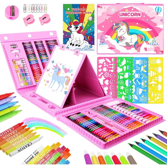 JYPS Art Supplies for Kids,Drawing Kits Unicorn Art Case Coloring Set with Double Sided Trifold Easel,Crayon,Colored Pencil,Marker,Coloring Book,Stencil,Sticker,Drawing Stuffs Gifts for Girls 4-12