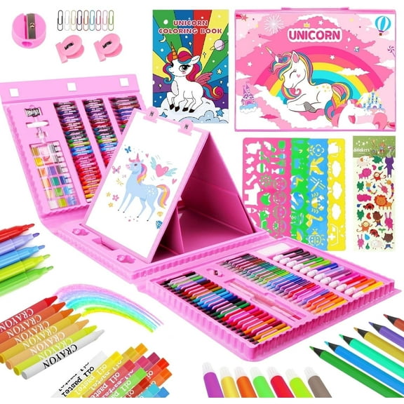 JYPS Art Supplies for Kids,Drawing Kits Unicorn Art Case Coloring Set with Double Sided Trifold Easel,Crayon,Colored Pencil,Marker,Coloring Book,Stencil,Sticker,Drawing Stuffs Gifts for Girls 4-12
