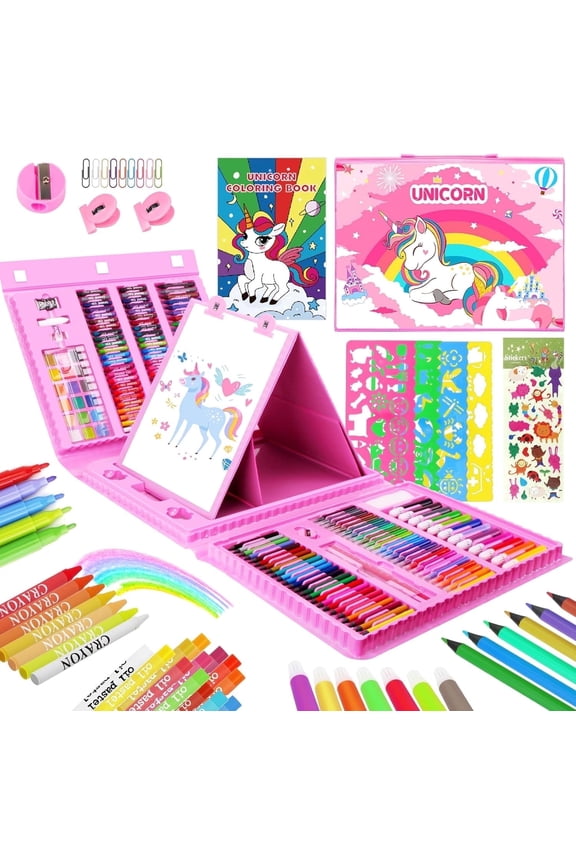 Art Supplies for Kids,Drawing Kits Unicorn Art Case Coloring Set with Double Sided Trifold Easel,Crayon,Colored Pencil,Marker,Coloring Book,Stencil,Sticker,Drawing Stuffs Gifts for Girls 4-12