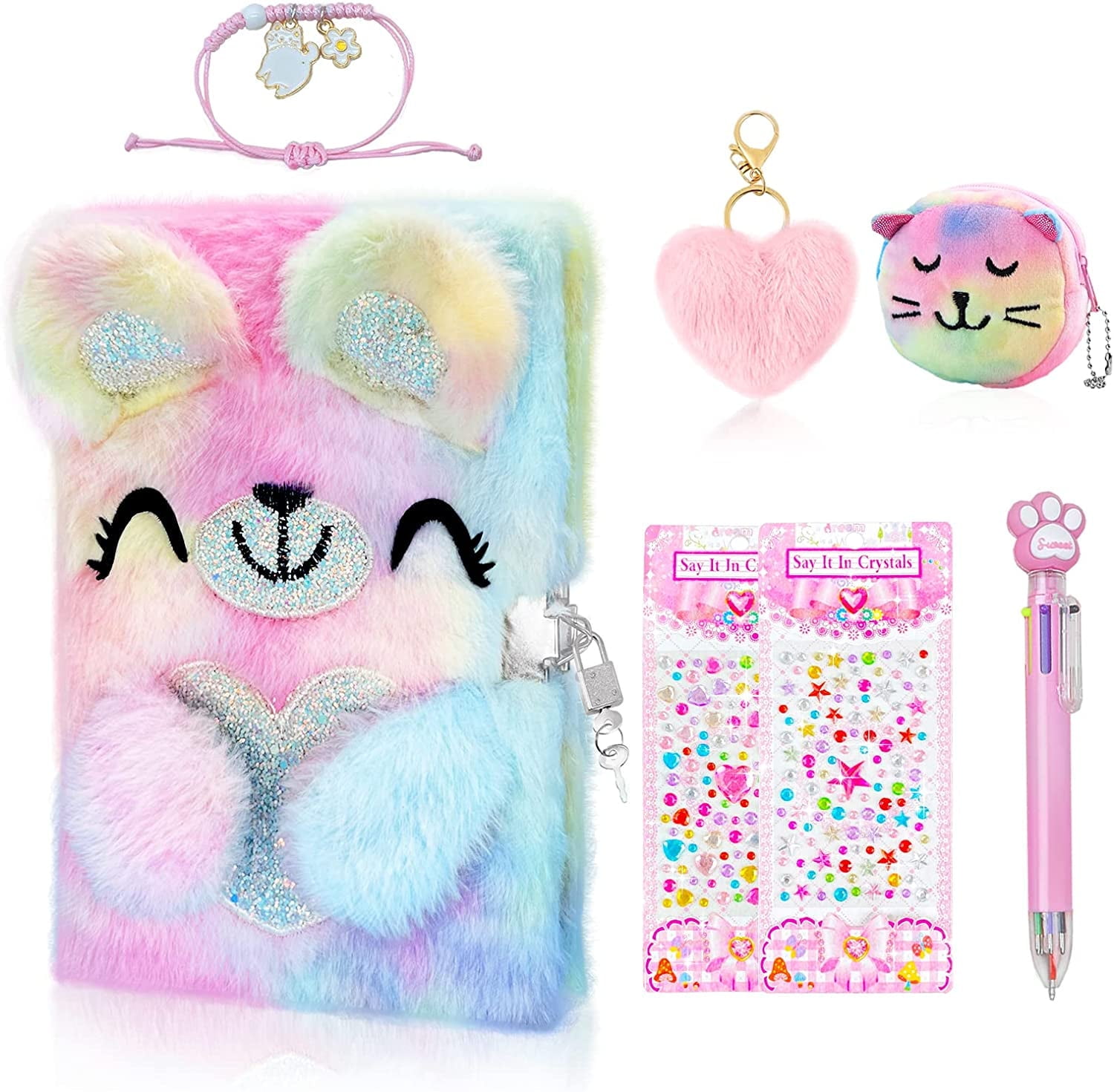 JYPS Bear Diary with Lock and Keys,Journal School Travel Notebook, Writing and Drawing,Plush Secret Diary with Multicolored Pen Stickers Purse Keychain Bracelet
