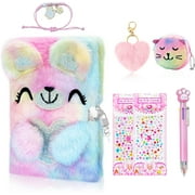 JYPS Bear Diary for Girls with Lock and Keys, Kids Journal School Travel Notebook,Christmas Gift for Girls Writing and Drawing,Plush Secret Diary with Multicolored Pen Stickers Purse Keychain Bracelet
