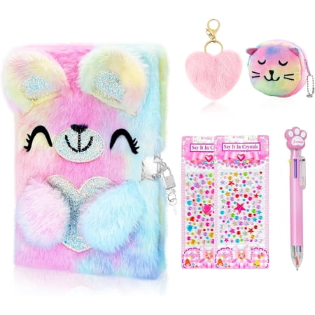 JYPS Bear Diary with Lock and Keys,Journal School Travel Notebook, Writing and Drawing,Plush Secret Diary with Multicolored Pen Stickers Purse Keychain Bracelet