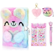 JYPS Bear Diary with Lock and Keys,Journal School Travel Notebook, Writing and Drawing,Plush Secret Diary with Multicolored Pen Stickers Purse Keychain Bracelet