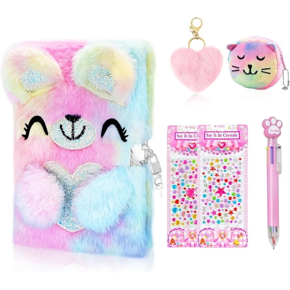 JYPS Bear Diary with Lock and Keys,Journal School Travel Notebook, Writing and Drawing,Plush Secret Diary with Multicolored Pen Stickers Purse Keychain Bracelet