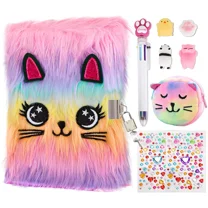 JYPS Cat Diary with Lock and Keys,Plush Secret Journal,Hardcover Fluffy Notebook for Writing and Drawing,Cute Fuzzy Stationary Gifts
