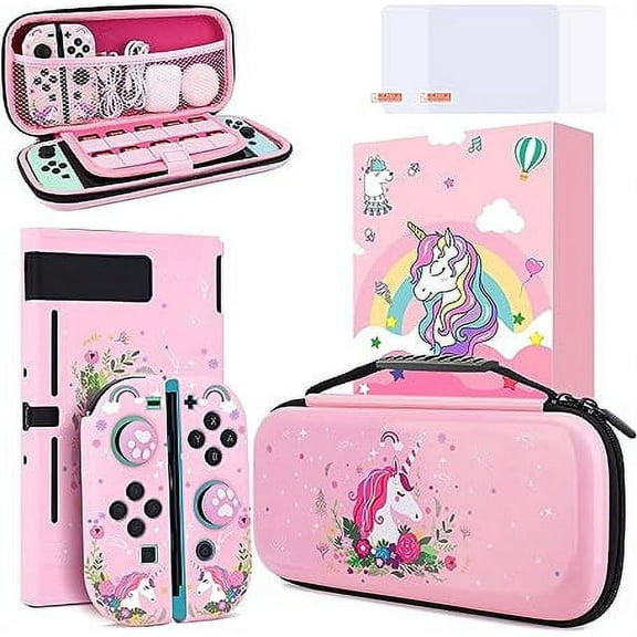 JYPS Cute Unicorn Protection Case for Nintendo Switch (NOT OLED or Lite),Pink Hard Carrying Case with Soft TPU Protective Cover and Protection Acessories Compatible with Nintendo Switch for Girls
