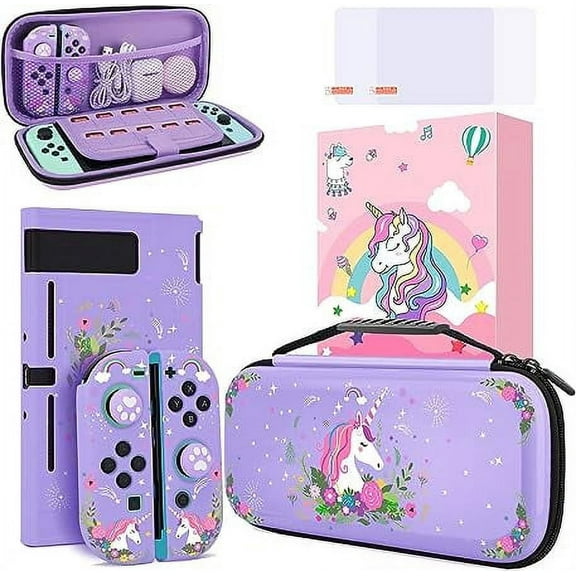 JYPS Cute Unicorn Protection Case for Nintendo Switch,Purple Hard Carrying Case with Soft TPU Protective Cover and Protection Acessories Compatible with Nintendo Switch for Girls