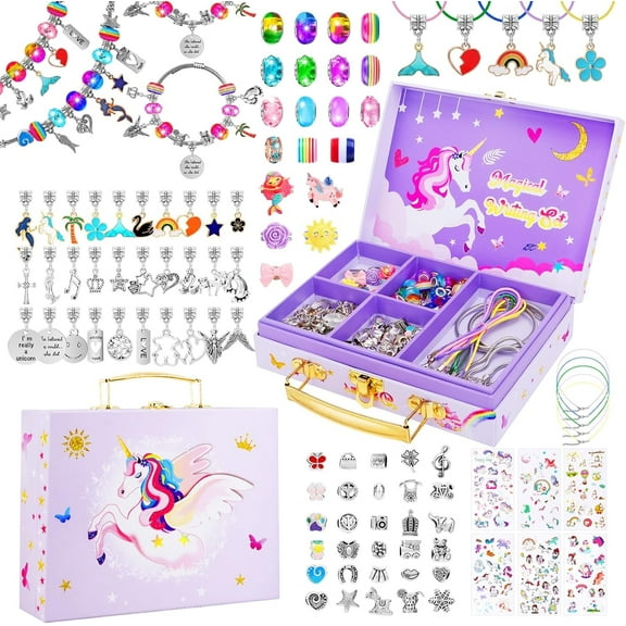 JYPS DIY Charm Bracelet Making Kit for Girls with Unicorn Compartment Storage Box, Jewelry Making Kit Craft Beads, Necklace, Ring, Christmas Birthday Unicorn Gifts Toy for Girls 4-12