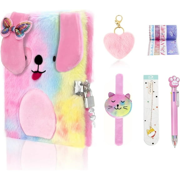 JYPS Dog Diary with Lock and Keys,Tie-dye Fuzzy Journal with 160 Lined Pages,Fluffy Secret Notebooks for Writing and Drawing,Christmas Birthday Gifts,Puppy