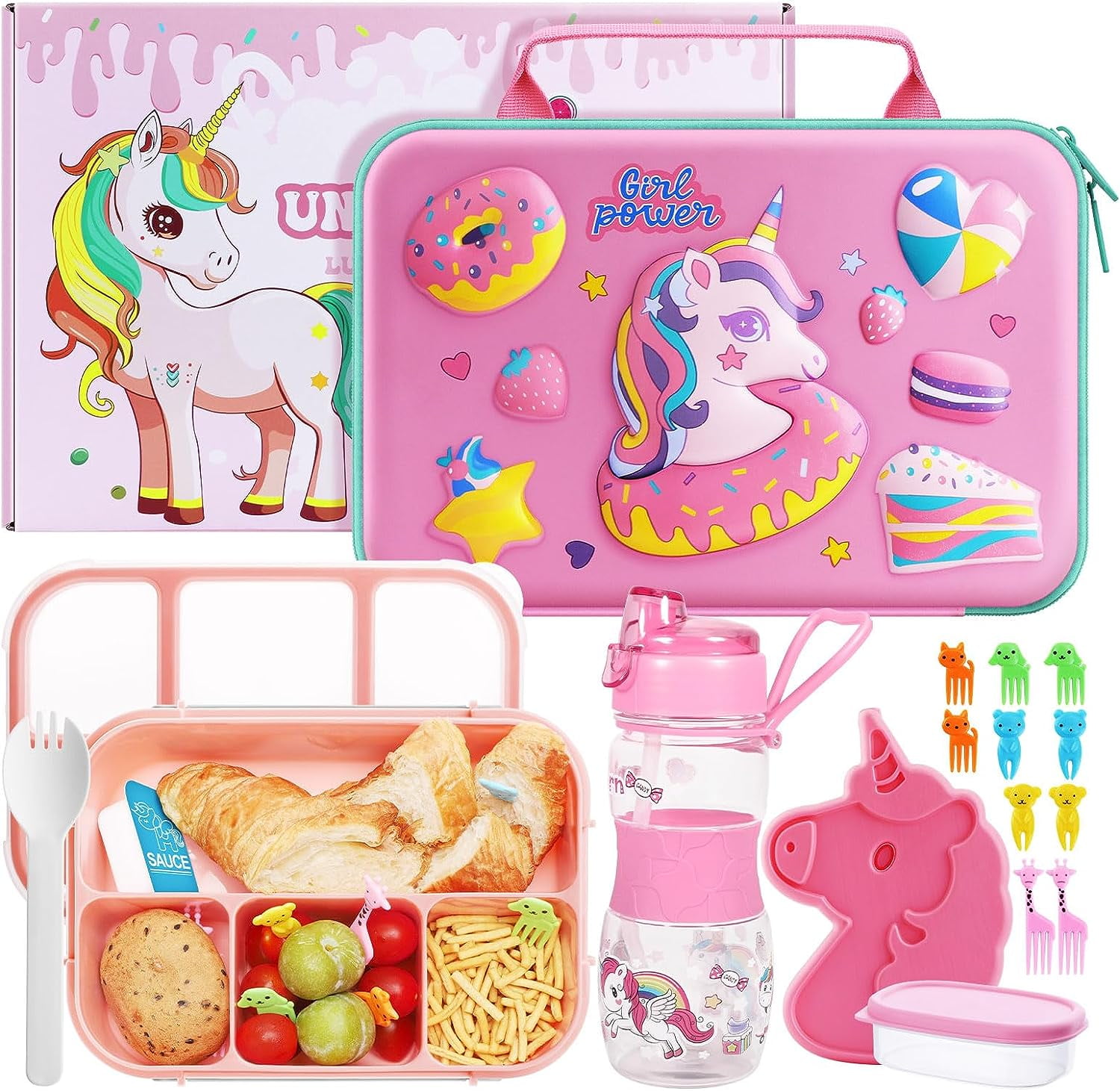 JYPS Insulated Unicorn Lunch Bag Bento Box for Girls,Lunch Box Set with 4  Compartment Bento Box Water Bottle Ice Pack Salad Container Food