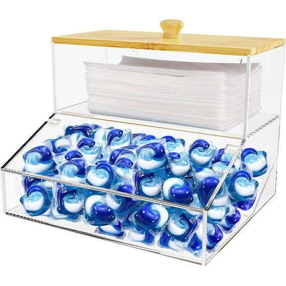 JYPS Laundry Pods Container&Dryer Sheet Holder 2in1.Transparent Acrylic Double-Layer Storage Box With Bamboo Lid. The Large Capacity Design Makes It Easy To Store And Organize Your Belongings Neatly