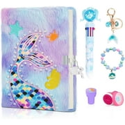 JYPS Mermaid Diary with Lock and Keys,Tie-Dye Fuzzy Journal with 160 Lined Pages,Fluffy Secret Notebook for Writing and Drawing,Purple