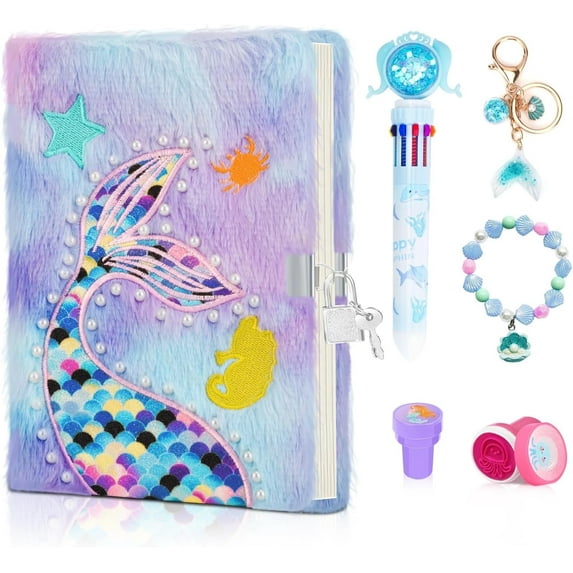 JYPS Mermaid Diary with Lock and Keys,Tie-Dye Fuzzy Journal with 160 Lined Pages,Fluffy Secret Notebook for Writing and Drawing,Purple