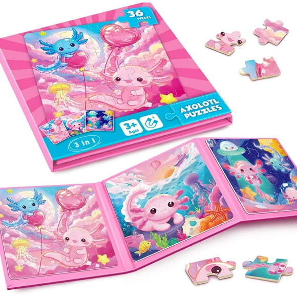 Magnetic Jigsaw Puzzles for Toddlers Kids 3-8 Girls,Travel Puzzles Toys for Kids Ages 4-6,Take-Along Car Airplane Road Trip Activities Game for 3 4 5 6 7 8 Year Old Birthday Gift,Axolotl